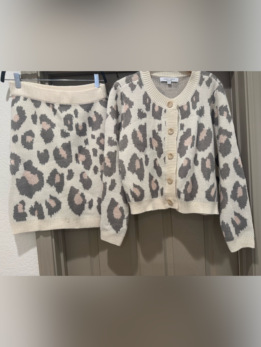 Sweet Rain Cream Leopard Print Button Cardigan with Pink and Gray Spots